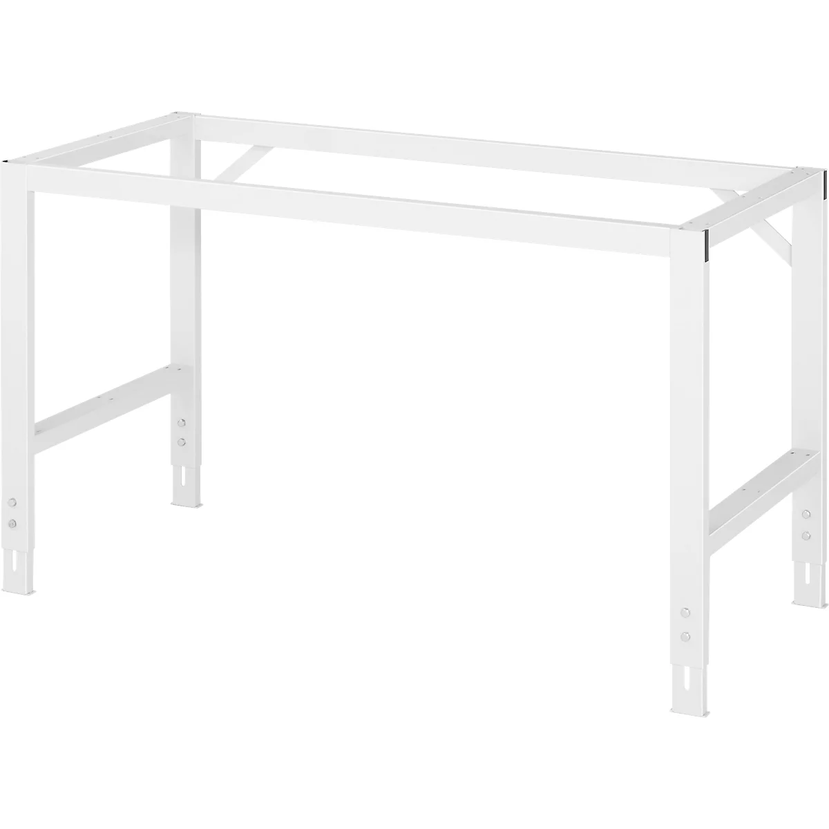 Weißes, metallenes Tischgestell mit rechteckiger Form. Die Beine sind mit Diagonalstreben verstärkt.