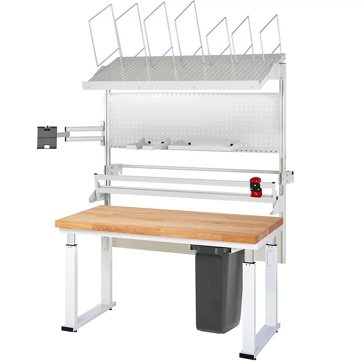 Werkbank mit Holzplatte, weißen Beinen, Lochwand, Ablageflächen und Papierhaltern.