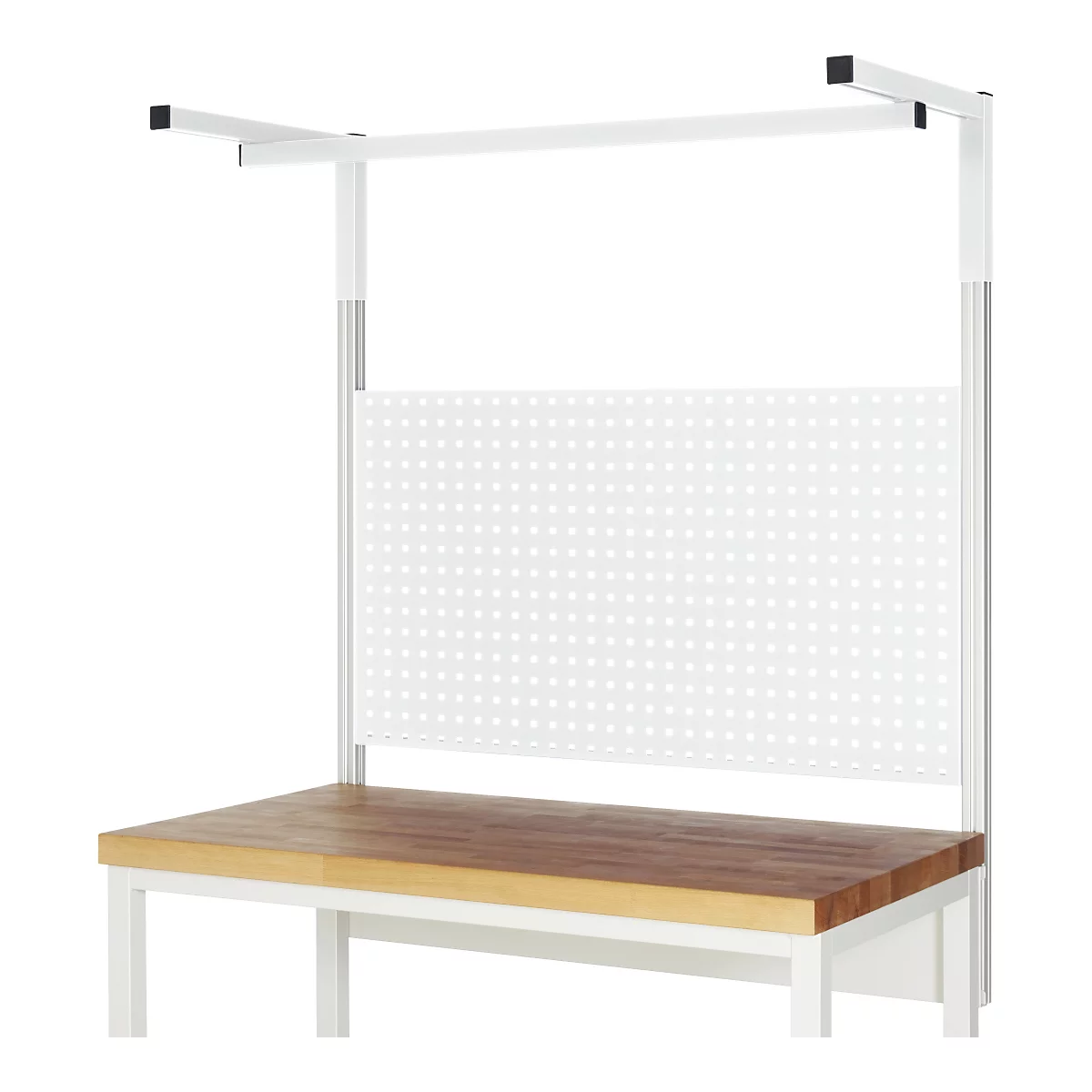 Een werkbank met een wit frame, houten blad en geperforeerd paneel.