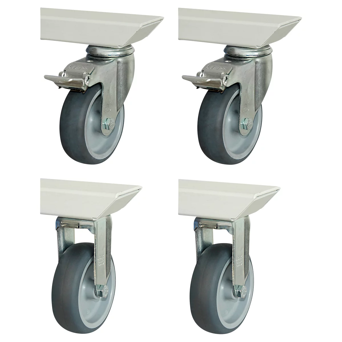 Rau Rollensatz für höhenverstellbare Arbeitstische Adlatus 150, 2 Bock-und 2 Lenkrollen mit Feststeller, Ø 100 mm, H 135 mm, TPR, grau