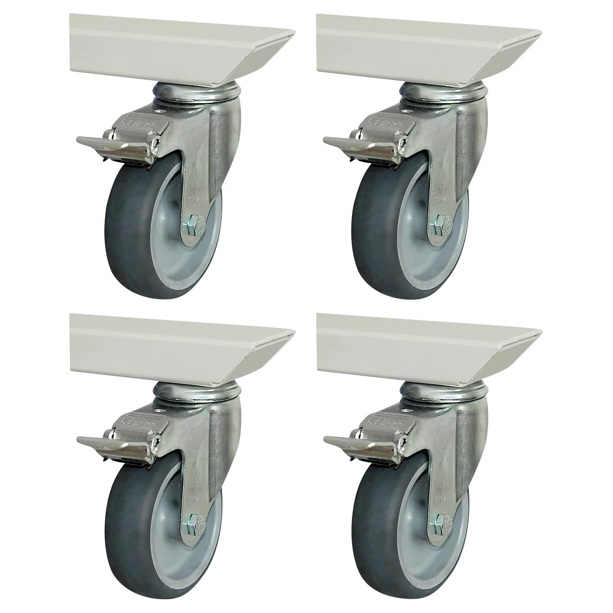 Rau Rollensatz für höhenverstellbare Arbeitstische Adlatus 150, 4 Lenkrollen mit Feststeller, Ø 100 mm, H 135 mm, TPR, grau