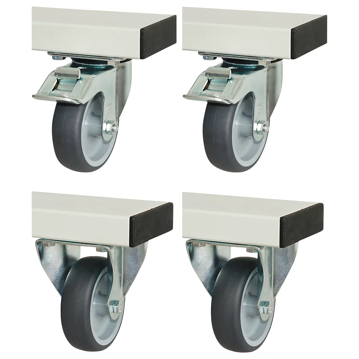 Rau Rollensatz für höhenverstellbare Arbeitstische Adlatus 300/600, 2 Bock- und Lenkrollen mit Feststeller, Ø 100 mm, H 125 mm, TPR, grau
