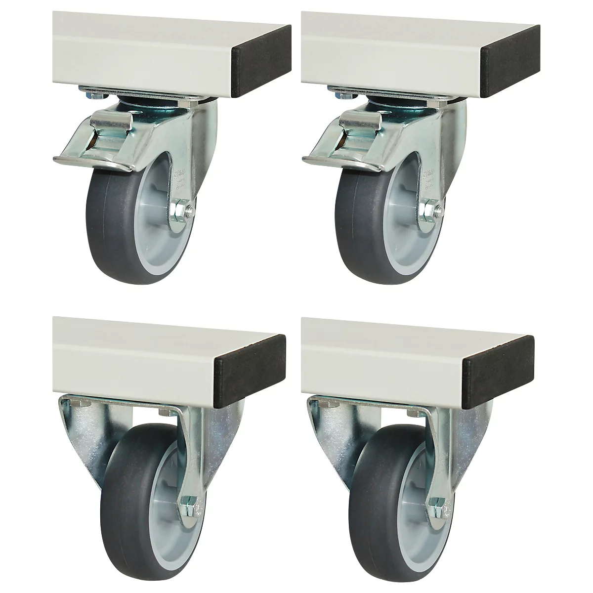 Rau Rollensatz für höhenverstellbare Arbeitstische Adlatus 300/600, 4 Lenkrollen mit Feststeller, Ø 100 mm, H 125 mm, TPR, grau