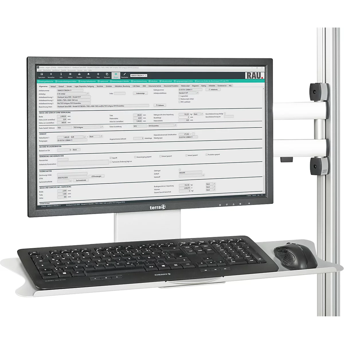 Un poste de travail PC avec moniteur, clavier et souris. Le moniteur affiche un tableau de données, qui est relié via un support blanc à un poteau argenté.