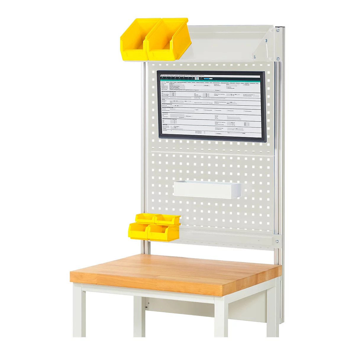 Établi avec panneau perforé, conteneurs jaunes et un document. Dessus en bois sur cadre métallique.