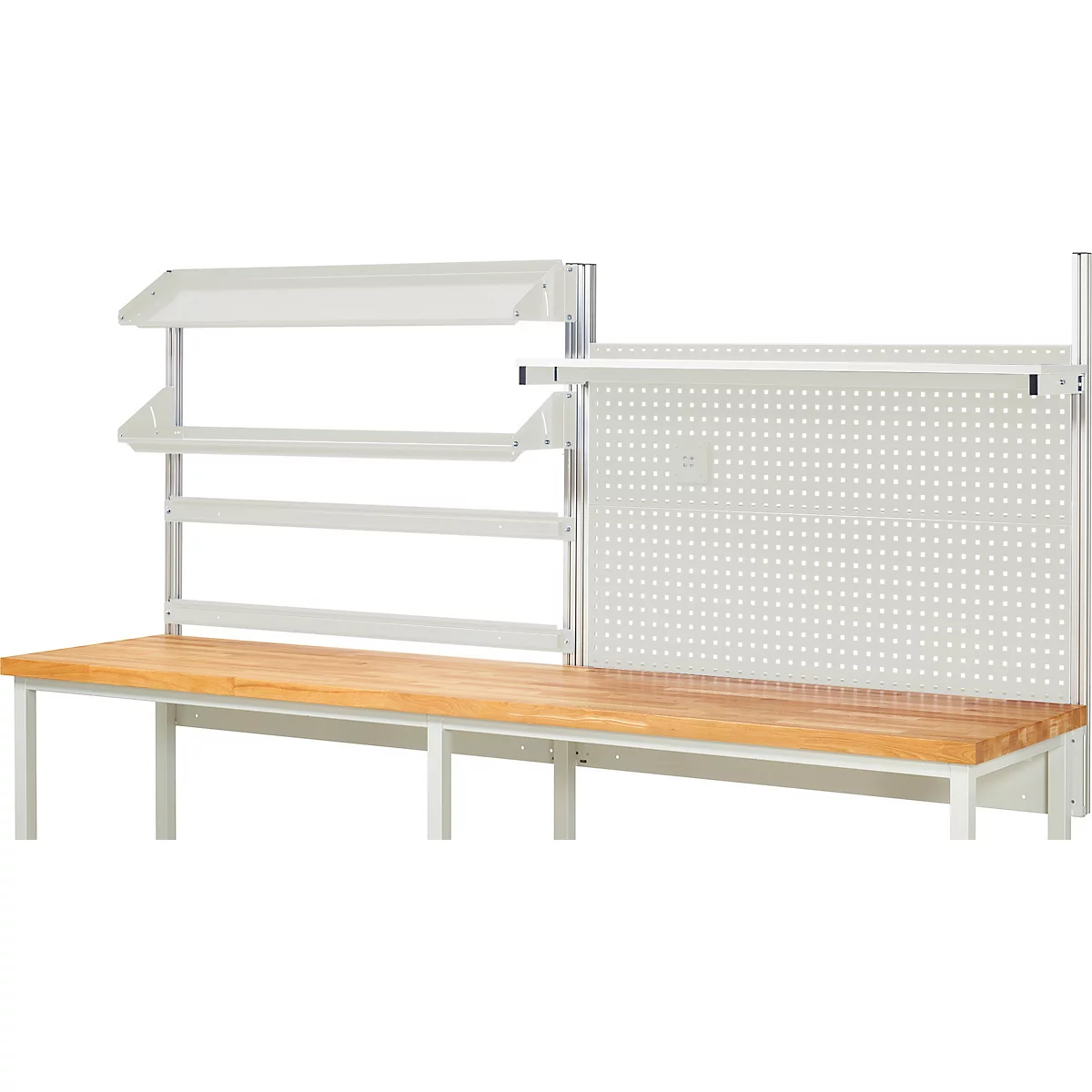 Ein Werkbank-System mit Holzplatte, weißem Gestell, Regalen, Lochwand und Beleuchtung.