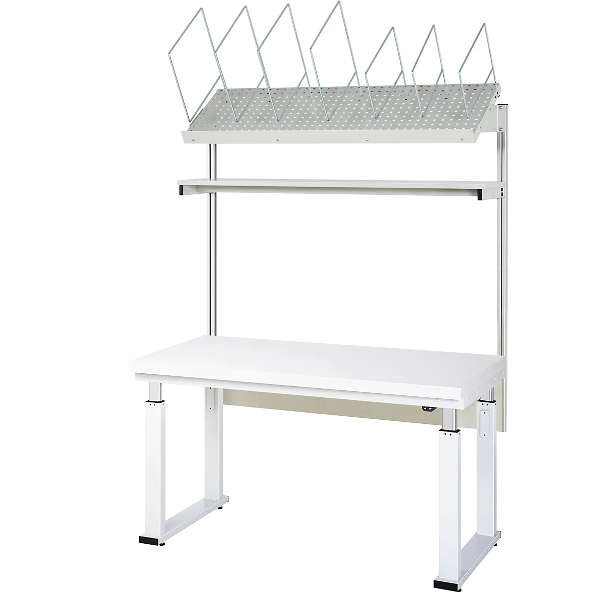 Bureau blanc réglable en hauteur avec rangement et support. Au-dessus : rangement et supports pour notes. En dessous : une autre étagère.