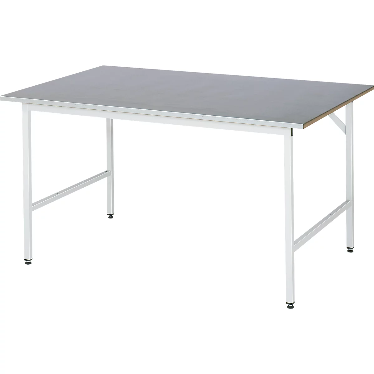 Rau Table de travail Jerry, hauteur réglable manuellement, plateau MDF 25 mm avec revêtement en tôle d'acier, jusqu'à 300 kg, L 1500 x P 1000 x H 800-850 mm, argent/gris clair