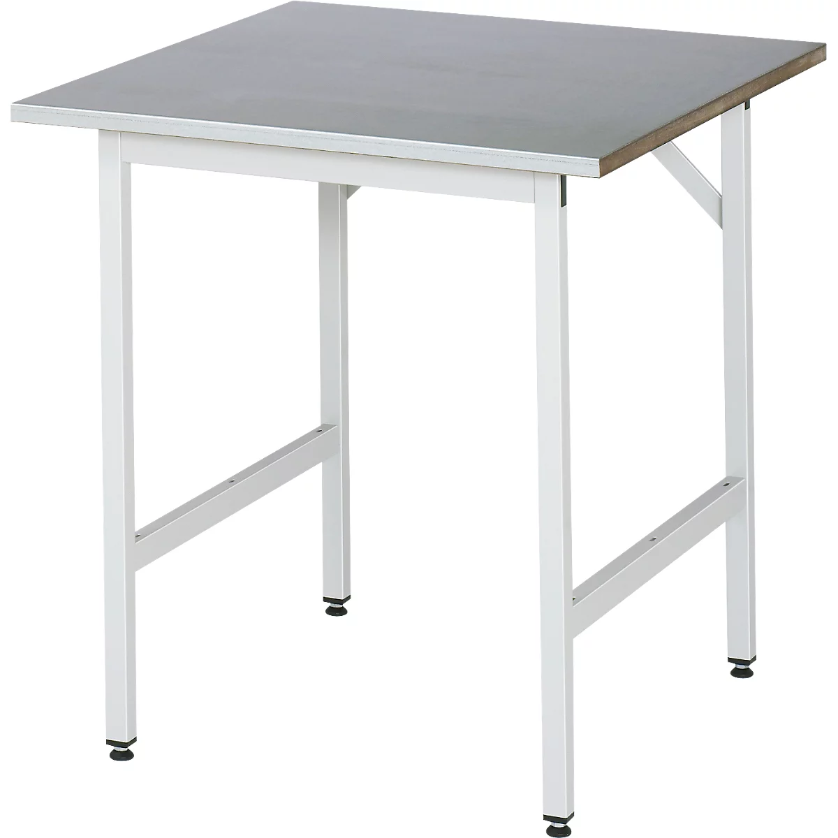 Rau Table de travail Jerry, hauteur réglable manuellement, plateau MDF 25 mm avec revêtement en tôle d'acier, jusqu'à 300 kg, L 750 x P 800 x H 800-850 mm, argent/gris clair