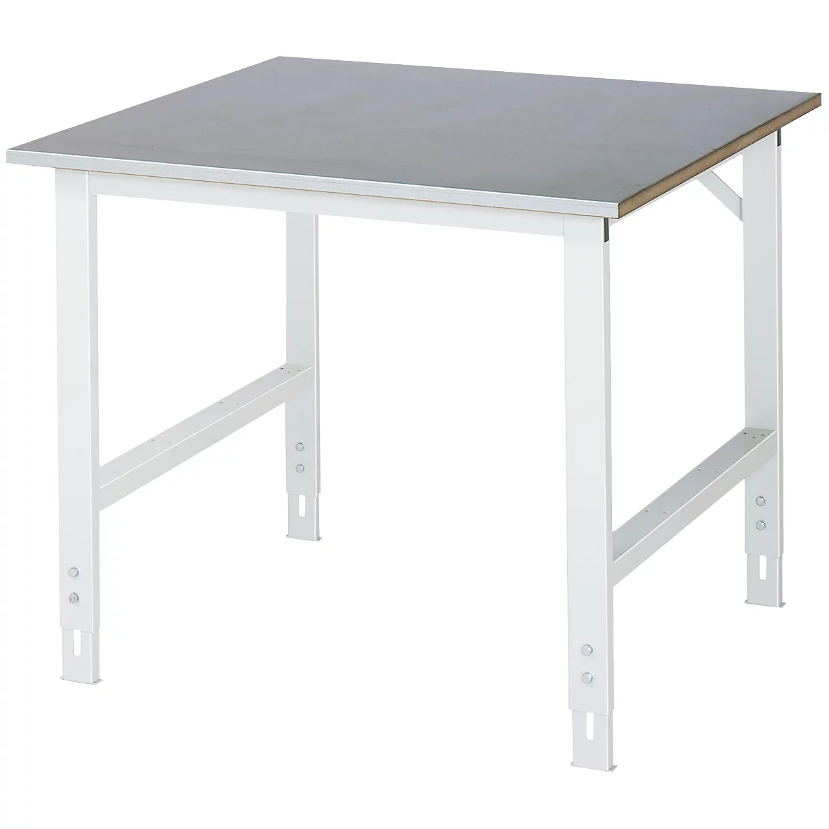 Rau Table de travail Tom, hauteur réglable manuellement, plateau MDF 25 mm avec revêtement en tôle d'acier, jusqu'à 500 kg, L 1000 x P 1000 x H 760-1080 mm, argent/gris clair