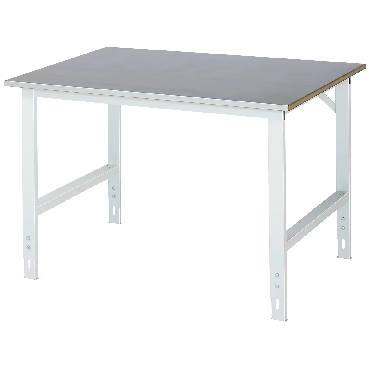 Rau Table de travail Tom, hauteur réglable manuellement, plateau MDF 25 mm avec revêtement en tôle d'acier, jusqu'à 500 kg, L 1250 x P 1000 x H 760-1080 mm, argent/gris clair