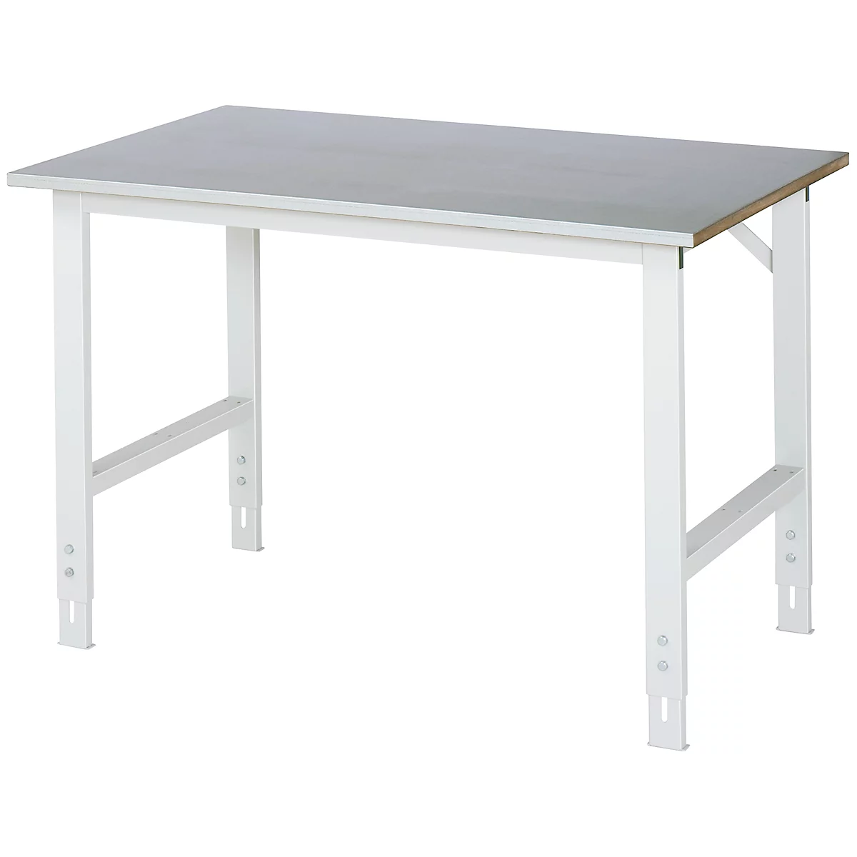 Rau Table de travail Tom, hauteur réglable manuellement, plateau MDF 25 mm avec revêtement en tôle d'acier, jusqu'à 500 kg, L 1250 x P 800 x H 760-1080 mm, argent/gris clair