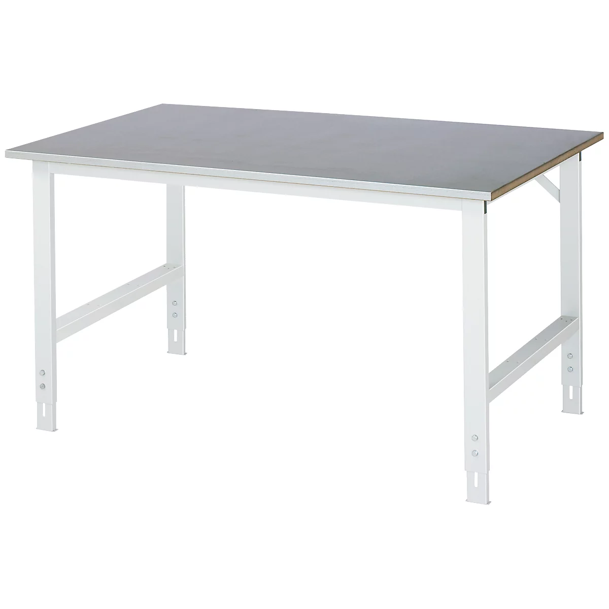 Rau Table de travail Tom, hauteur réglable manuellement, plateau MDF 25 mm avec revêtement en tôle d'acier, jusqu'à 500 kg, L 1500 x P 1000 x H 760-1080 mm, argent/gris clair
