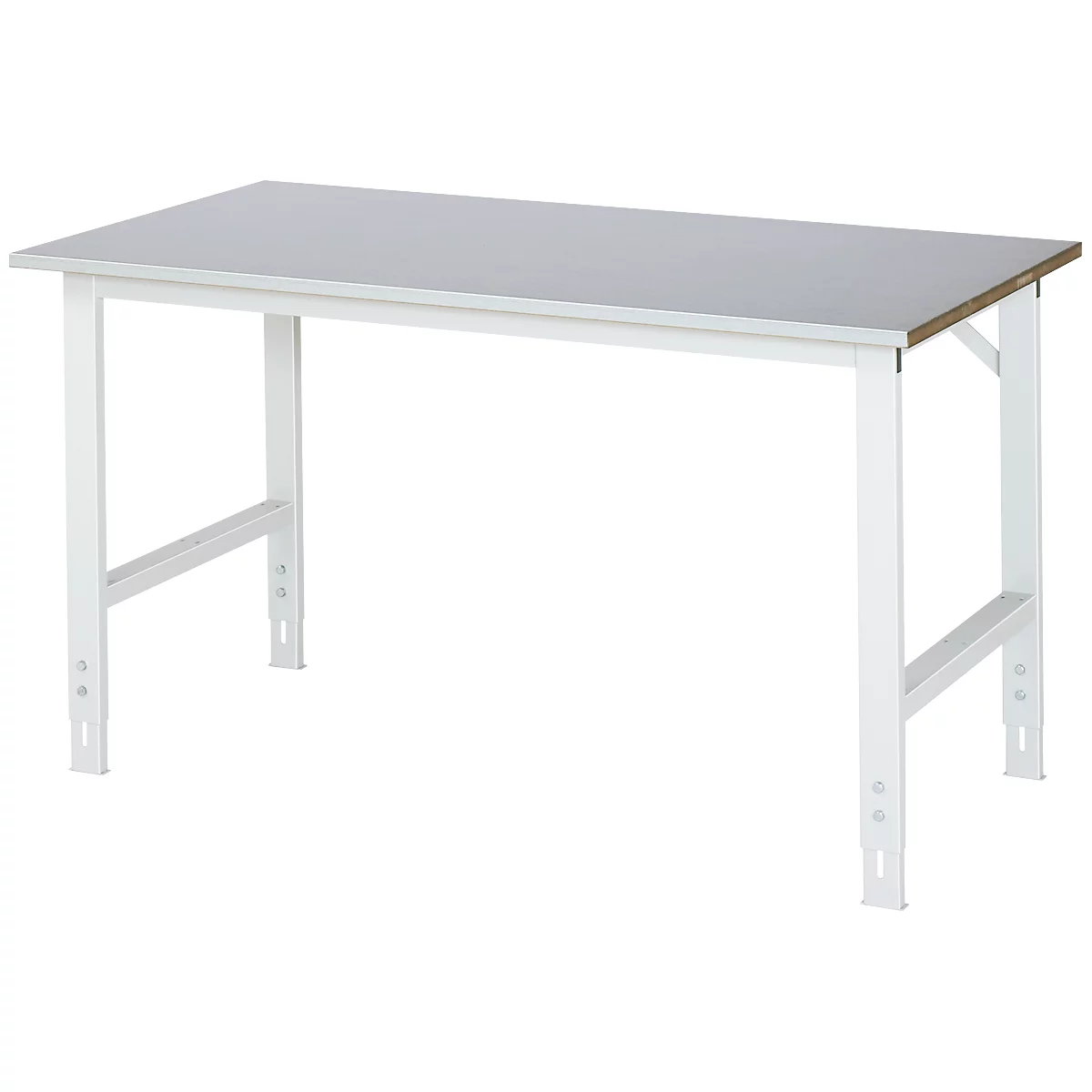 Rau Table de travail Tom, hauteur réglable manuellement, plateau MDF 25 mm avec revêtement en tôle d'acier, jusqu'à 500 kg, L 1500 x P 800 x H 760-1080 mm, argent/gris clair