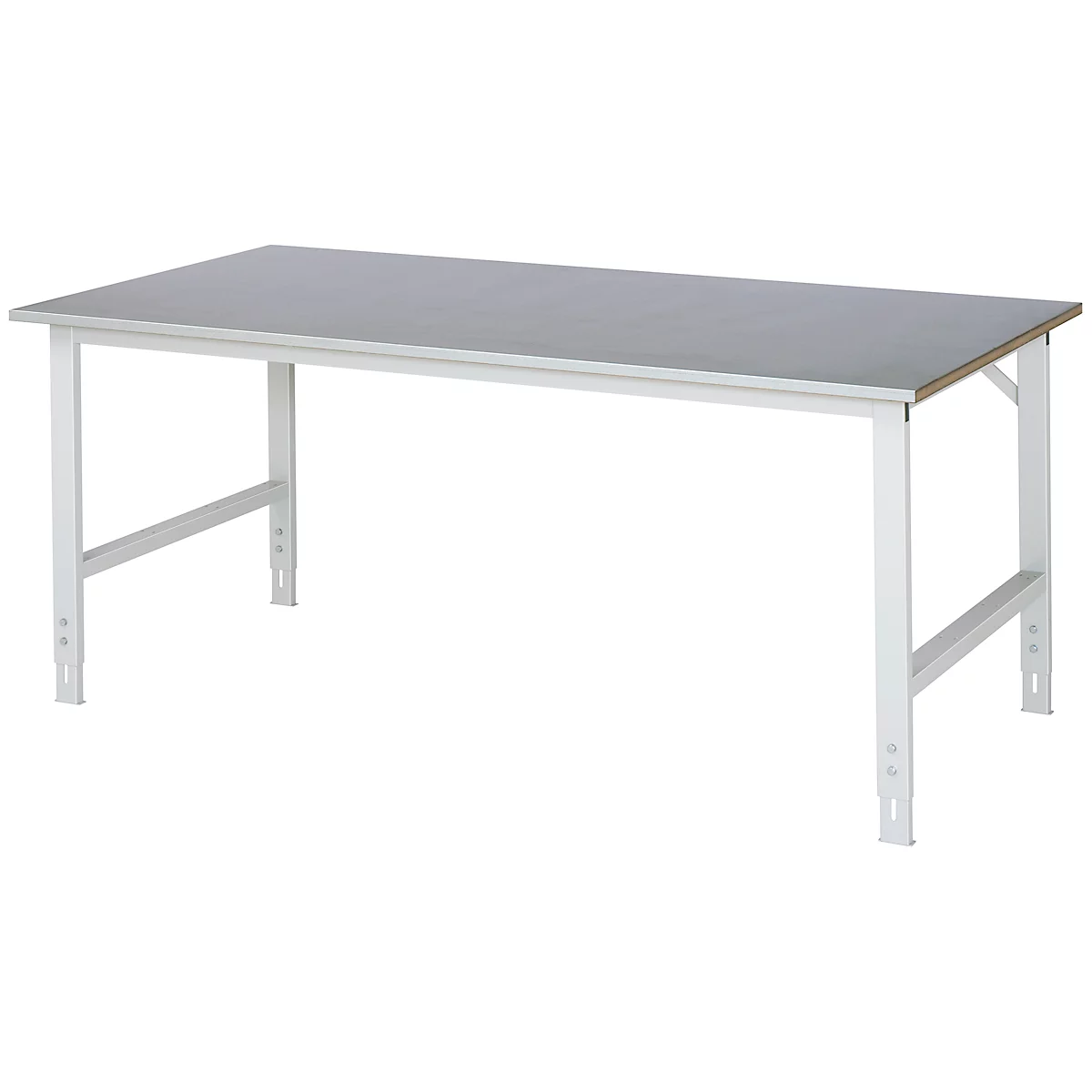 Rau Table de travail Tom, hauteur réglable manuellement, plateau MDF 25 mm avec revêtement en tôle d'acier, jusqu'à 500 kg, L 2000 x P 1000 x H 760-1080 mm, argent/gris clair