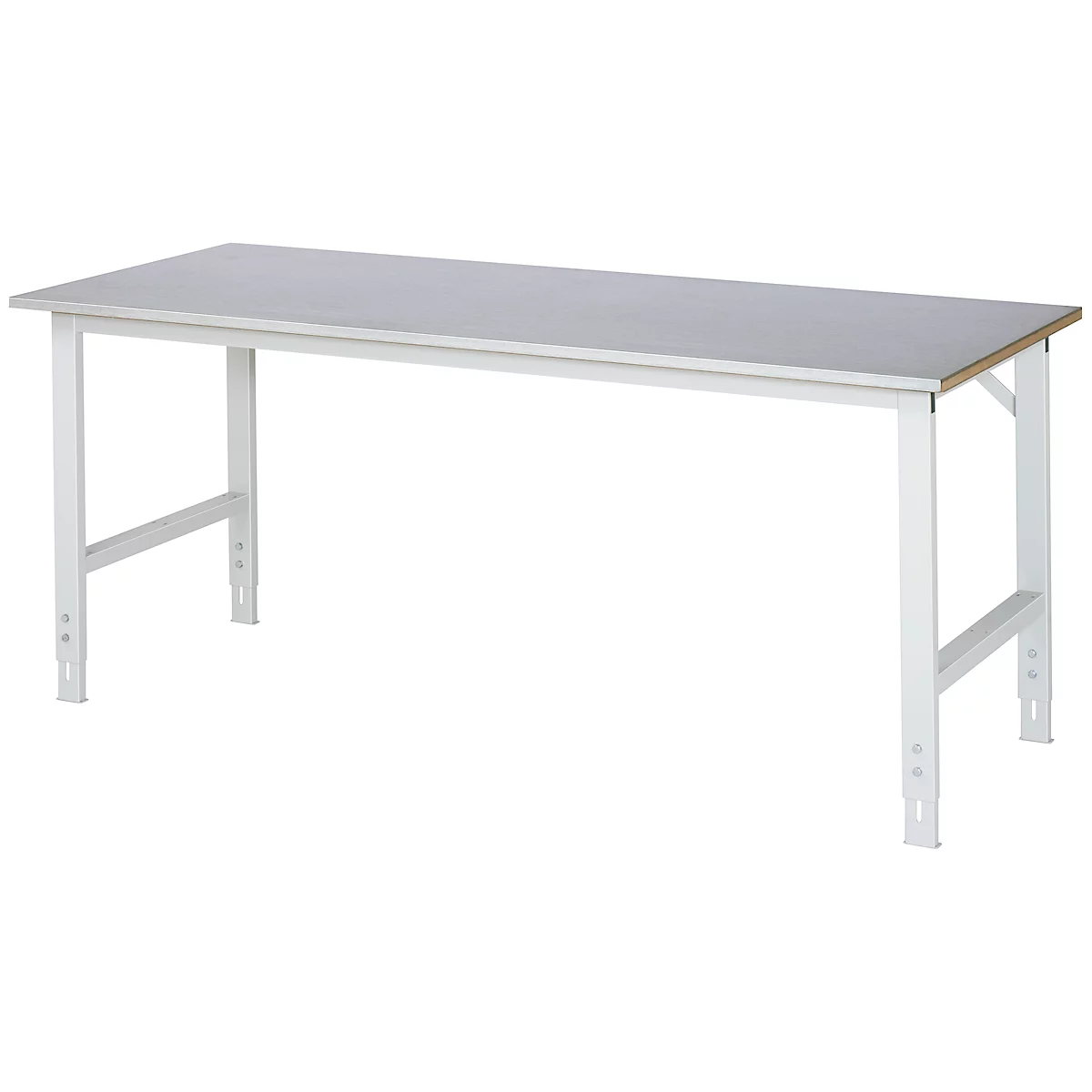 Rau Table de travail Tom, hauteur réglable manuellement, plateau MDF 25 mm avec revêtement en tôle d'acier, jusqu'à 500 kg, L 2000 x P 800 x H 760-1080 mm, argent/gris clair