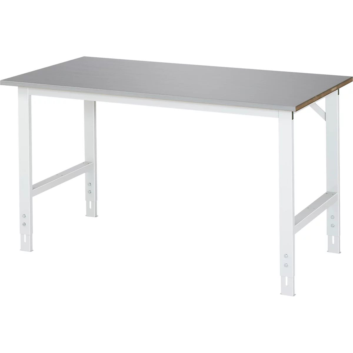 Rau Table de travail Tom, hauteur réglable manuellement, plateau MDF 25 mm avec revêtement inox, jusqu'à 500 kg, L 1500 x P 800 x H 760-1080 mm, argent/gris clair