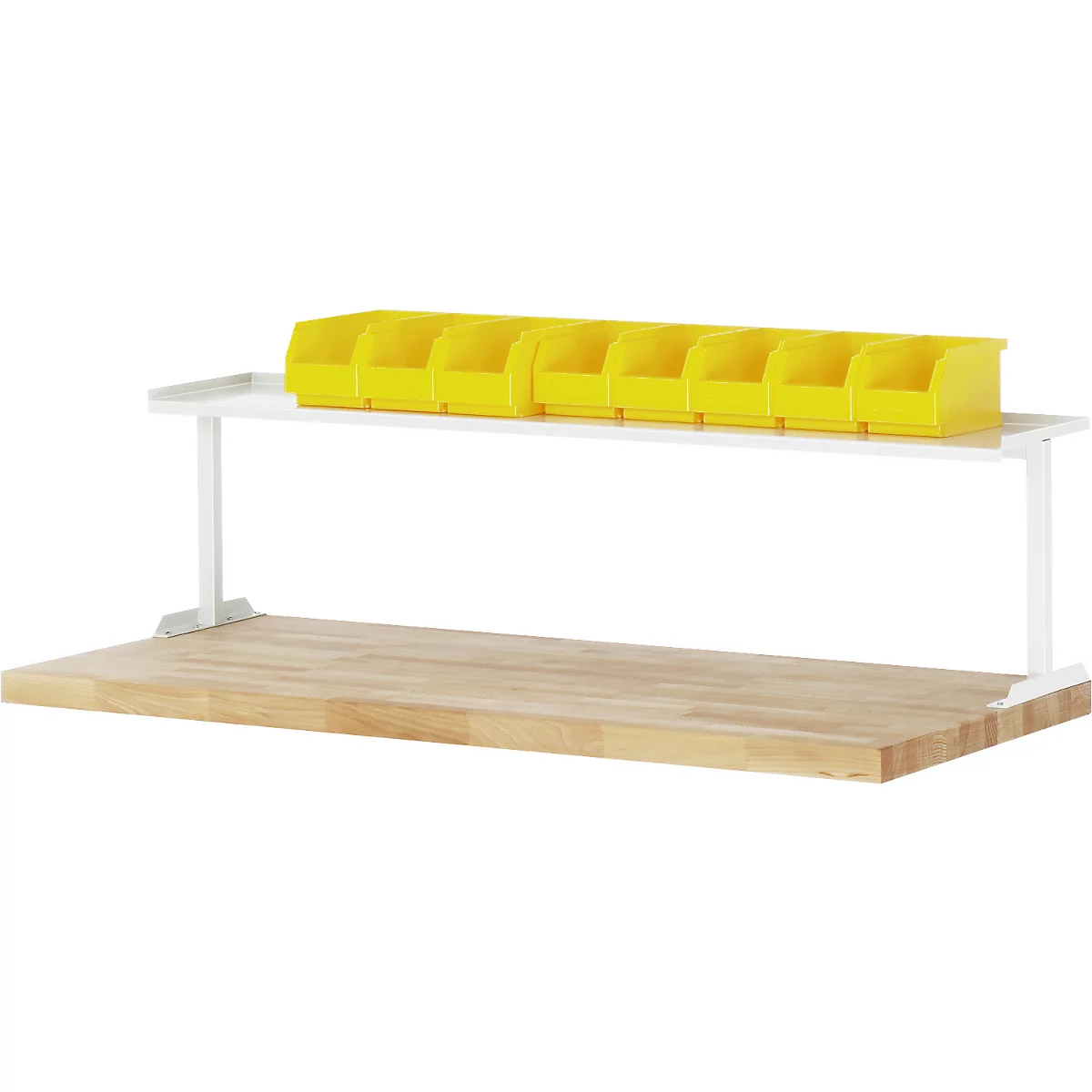 Tiroirs en plastique jaune sur un système d'étagères blanc avec plateau en bois.