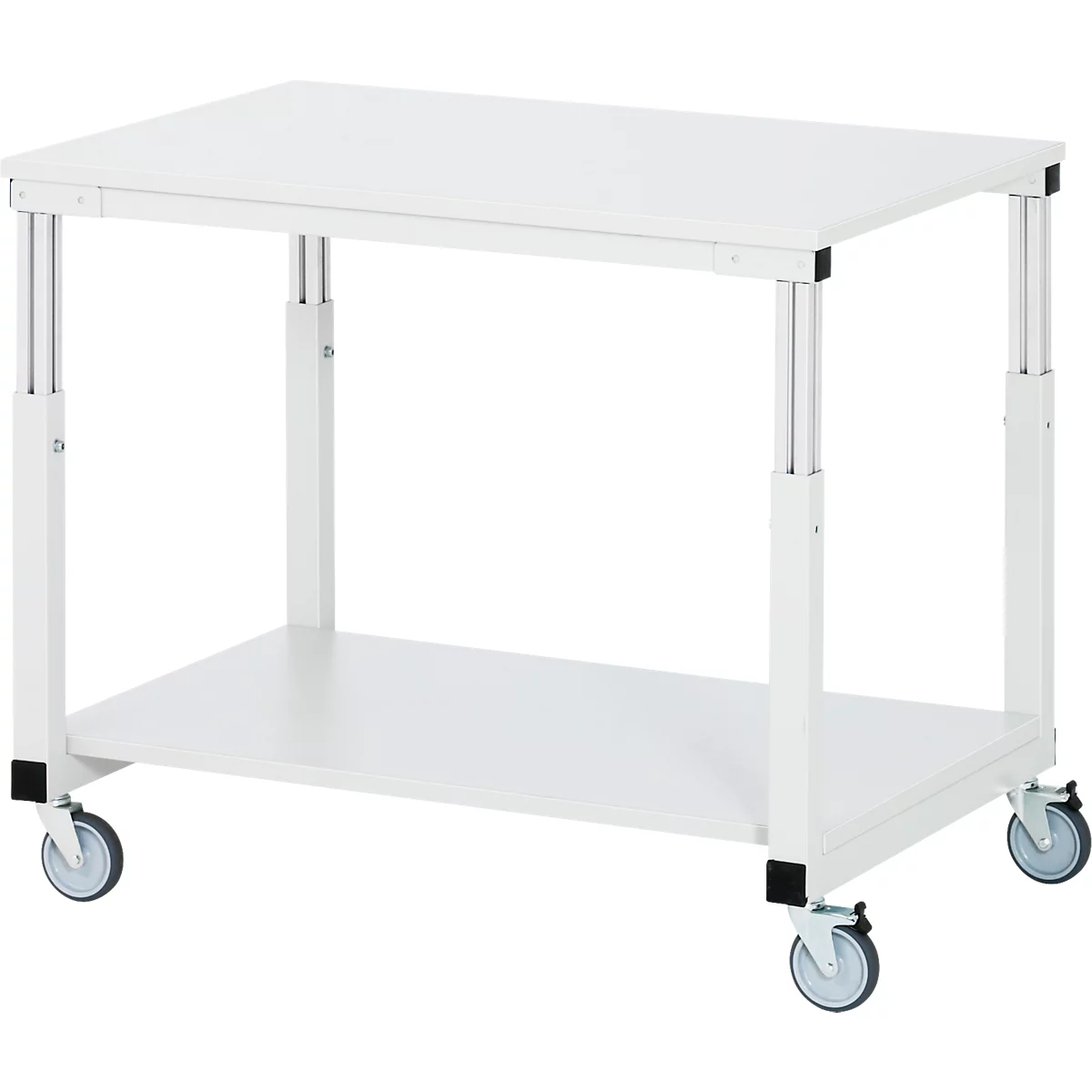 Rau tafelwagen serie E, 2 etages, EGB melamine panelen, stalen buisframe, 4 TPE zwenkwielen, B 700 x D 500 x H 650-1000 mm, tot 450 kg, lichtgrijs