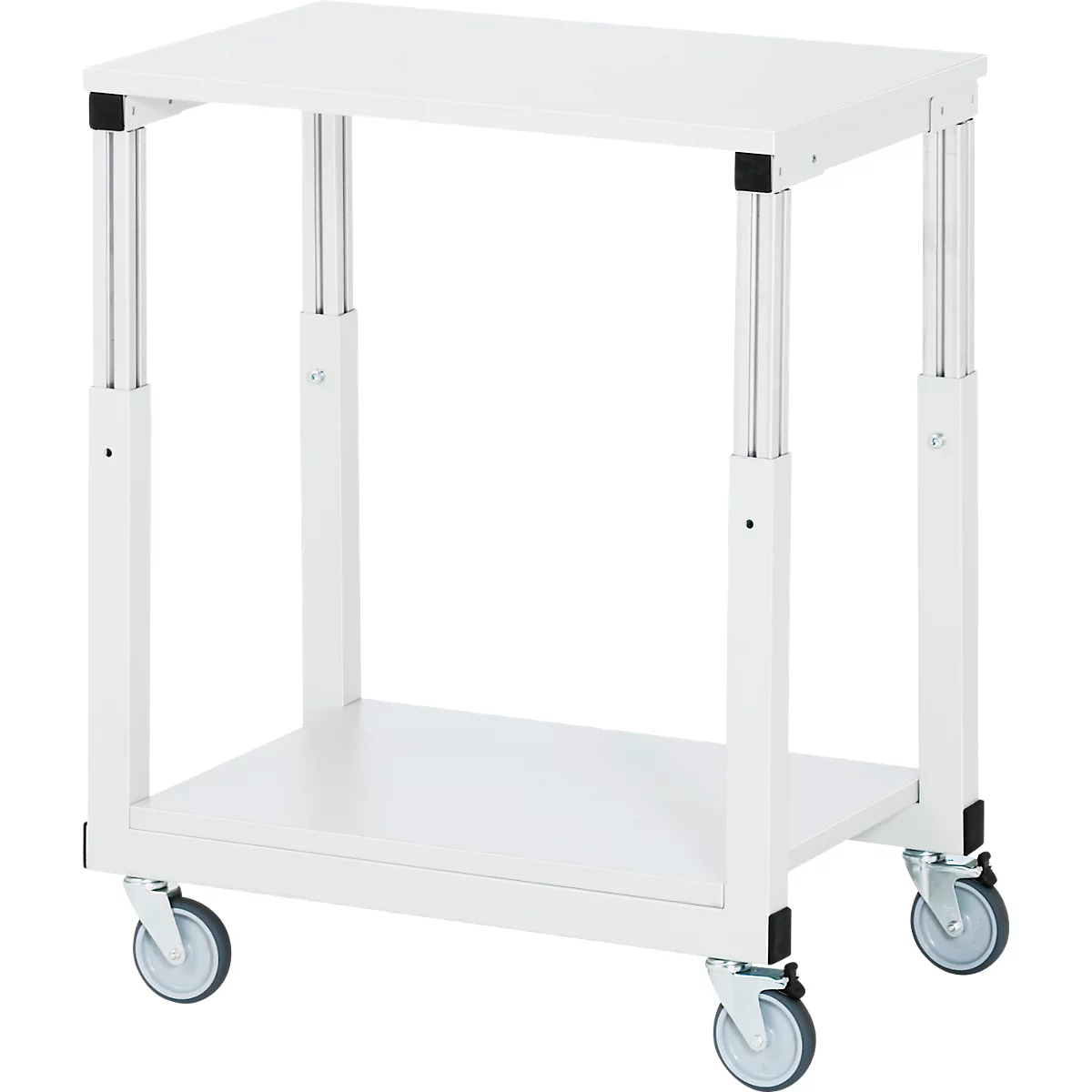 Rau tafelwagen serie E, 2 etages, melamine panelen, stalen buisframe, 4 TPE zwenkwielen, B 700 x D 500 x H 650-1000 mm, tot 450 kg, lichtgrijs