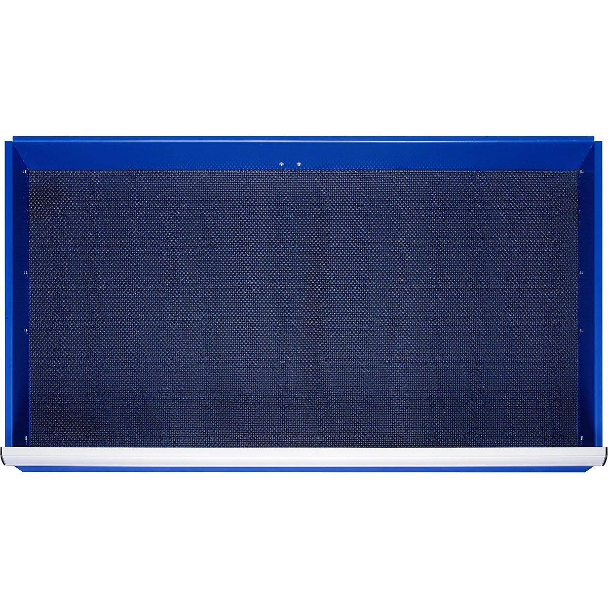 Cadre bleu avec structure en maille sombre, bande blanche en bas.