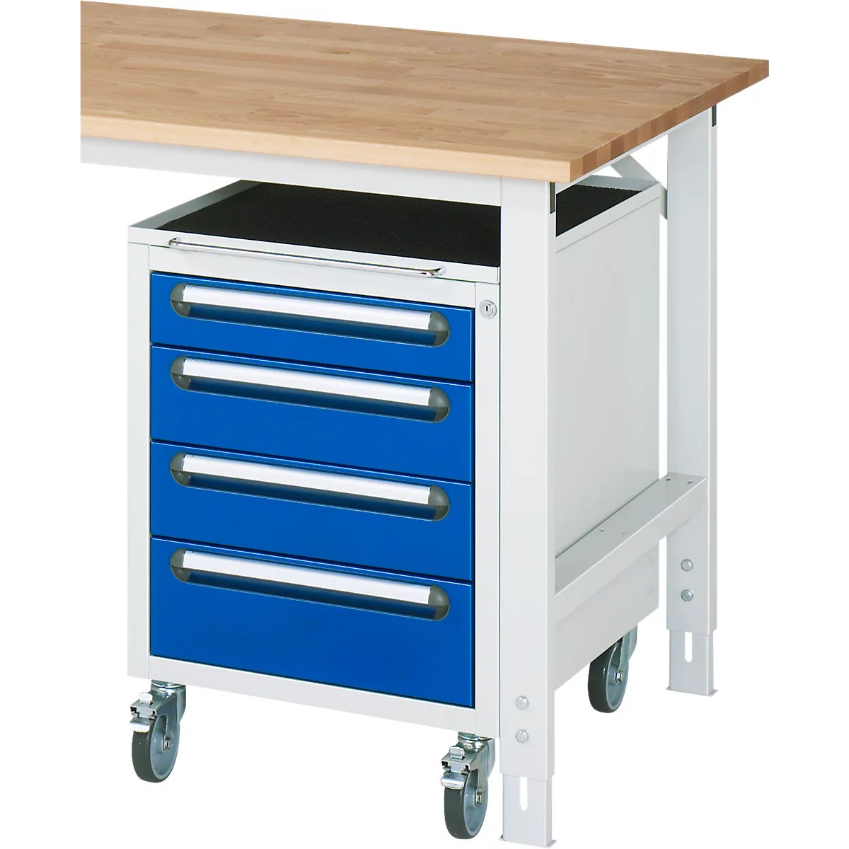Rau verrijdbaar onderstel voor in hoogte verstelbare werktafels Jerry, Tom, serie E, 4 laden, B 480 x D 600 x H 690 mm, lichtgrijs/enzianblauw