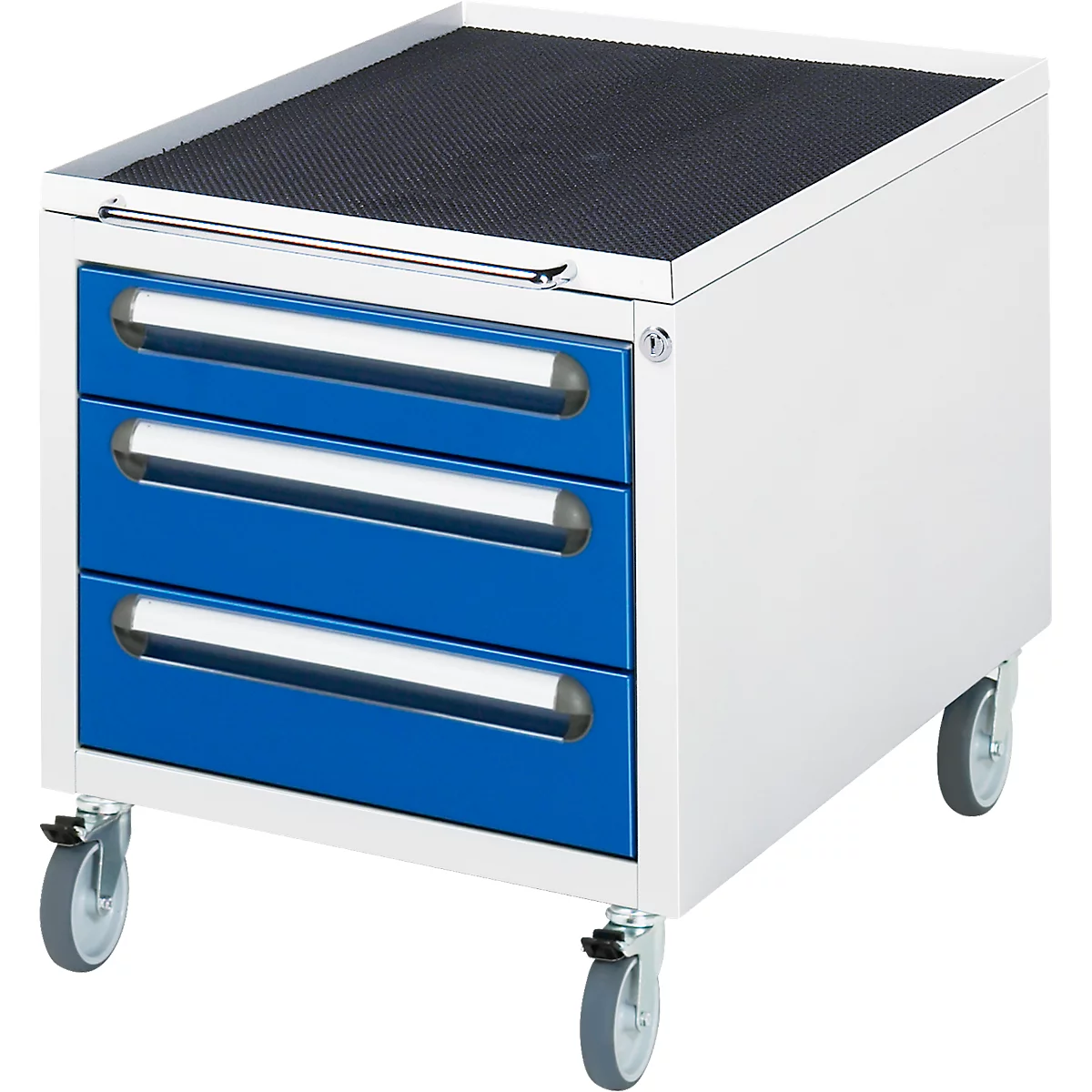 Rau verrijdbaar onderstel voor in hoogte verstelbare werktafels Jerry, Tom, Serie E en Adlatus, 3 laden, B 480 x D 600 x H 540 mm, lichtgrijs/enzianblauw