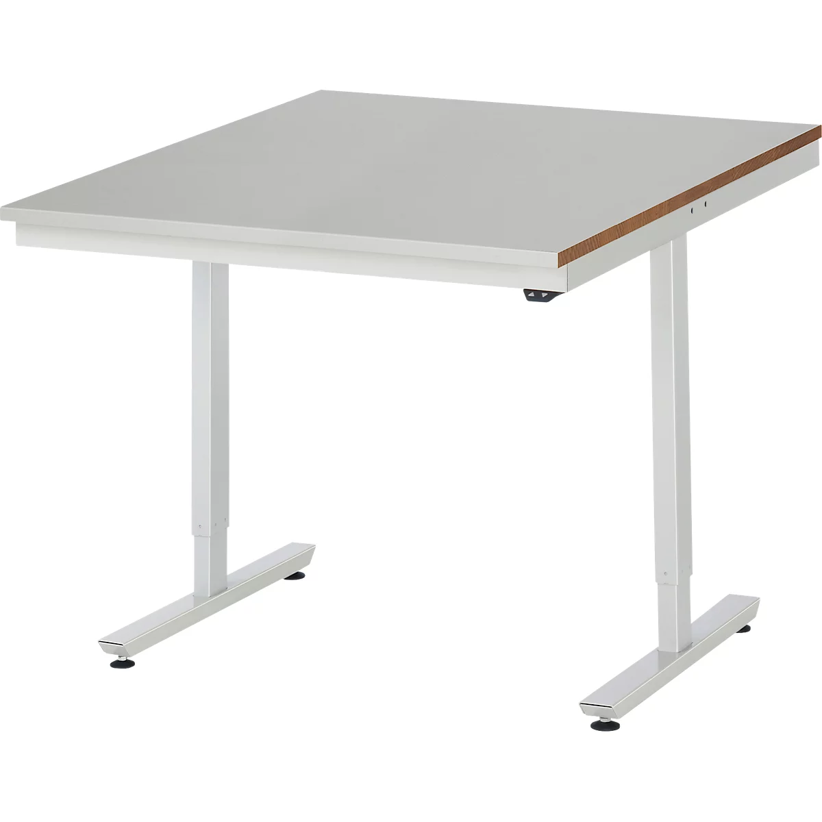 Rau werktafel Adlatus, elektrisch in hoogte verstelbaar, 25 mm MDF blad, roestvrij stalen bekleding, tot 150 kg, B 1000 x D 1000 x H 720-1120 mm, zilver/lichtgrijs
