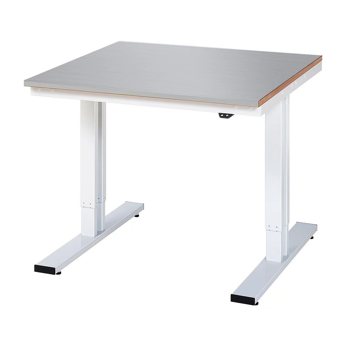 Rau werktafel Adlatus, elektrisch in hoogte verstelbaar, 25 mm MDF-plaat met roestvrijstalen coating, tot 300 kg, B 1000 x D 1000 x H 720-1120 mm, zilver/lichtgrijs