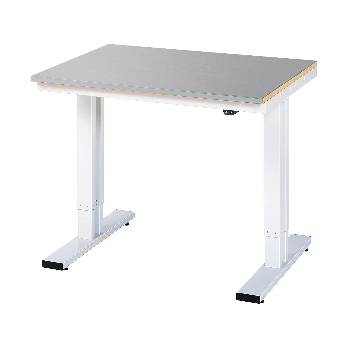 Rau werktafel Adlatus, elektrisch in hoogte verstelbaar, 25 mm MDF-plaat met roestvrijstalen coating, tot 300 kg, B 1000 x D 800 x H 720-1120 mm, zilver/lichtgrijs