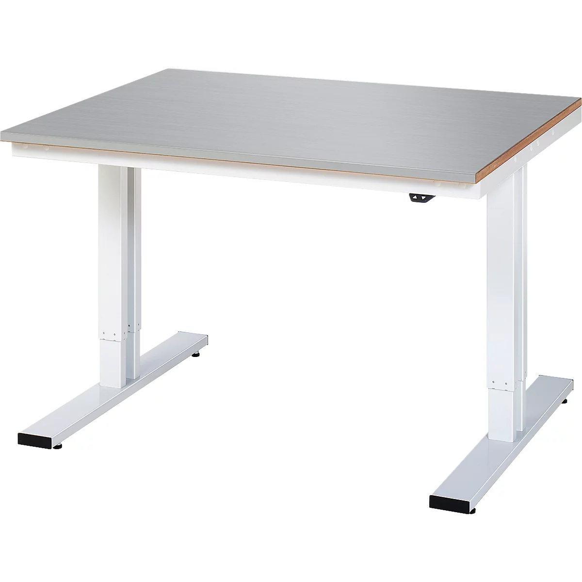 Rau werktafel Adlatus, elektrisch in hoogte verstelbaar, 25 mm MDF-plaat met roestvrijstalen coating, tot 300 kg, B 1250 x D 1000 x H 720-1120 mm, zilver/lichtgrijs