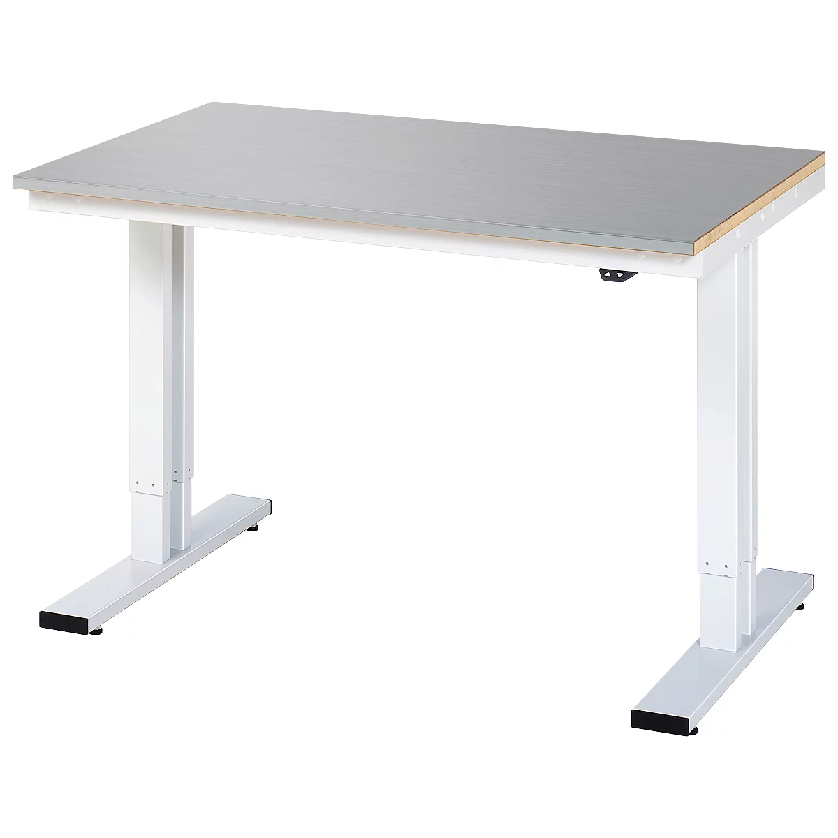 Rau werktafel Adlatus, elektrisch in hoogte verstelbaar, 25 mm MDF-plaat met roestvrijstalen coating, tot 300 kg, B 1250 x D 800 x H 720-1120 mm, zilver/lichtgrijs