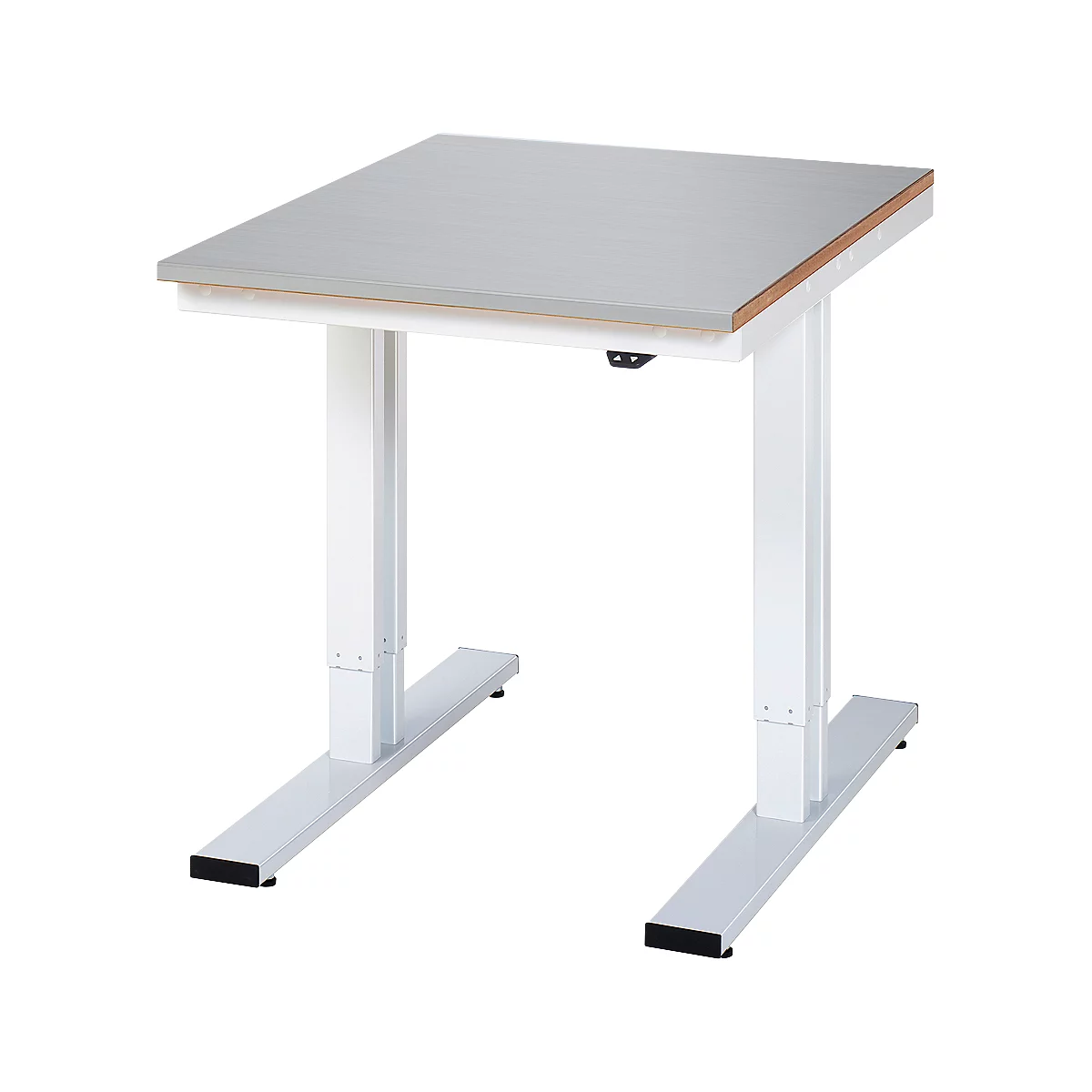 Rau werktafel Adlatus, elektrisch in hoogte verstelbaar, 25 mm MDF-plaat met roestvrijstalen coating, tot 300 kg, B 750 x D 1000 x H 720-1120 mm, zilver/lichtgrijs