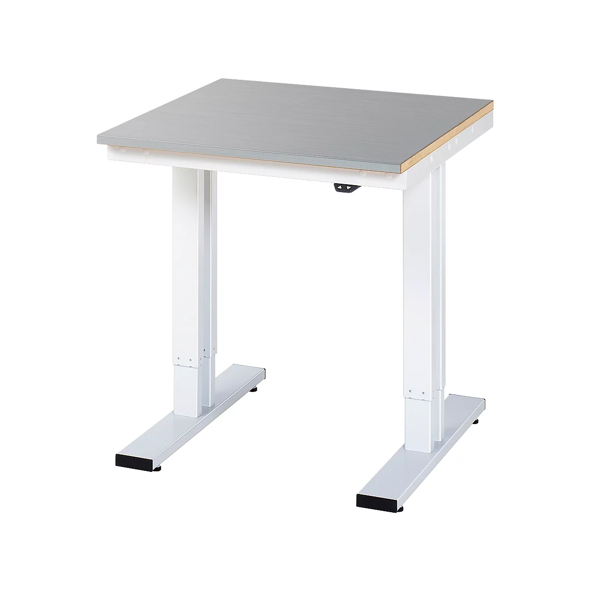 Rau werktafel Adlatus, elektrisch in hoogte verstelbaar, 25 mm MDF-plaat met roestvrijstalen coating, tot 300 kg, B 750 x D 800 x H 720-1120 mm, zilver/lichtgrijs