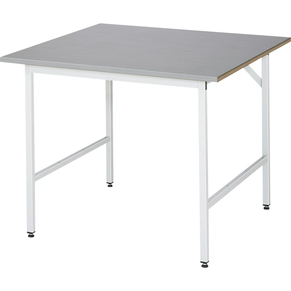 Rau werktafel Jerry, handmatig in hoogte verstelbaar, 25 mm MDF blad met roestvrij stalen bekleding, tot 300 kg, B 1000 x D 1000 x H 800-850 mm, zilver/grijs