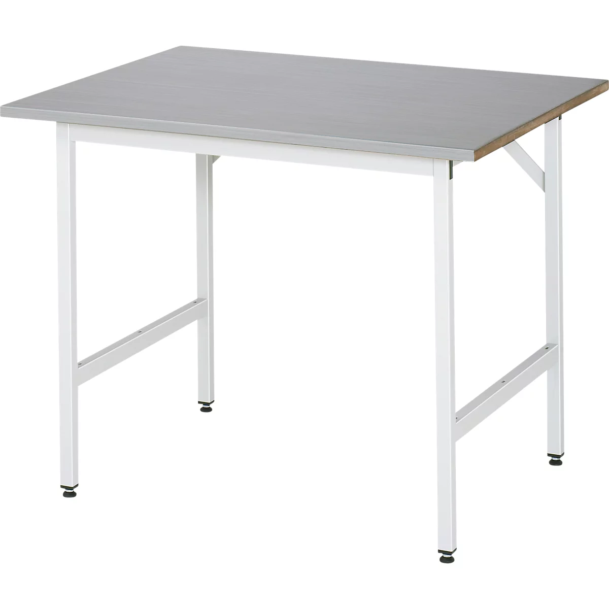 Rau werktafel Jerry, handmatig in hoogte verstelbaar, 25 mm MDF blad met roestvrij stalen bekleding, tot 300 kg, B 1000 x D 800 x H 800-850 mm, zilver/lichtgrijs