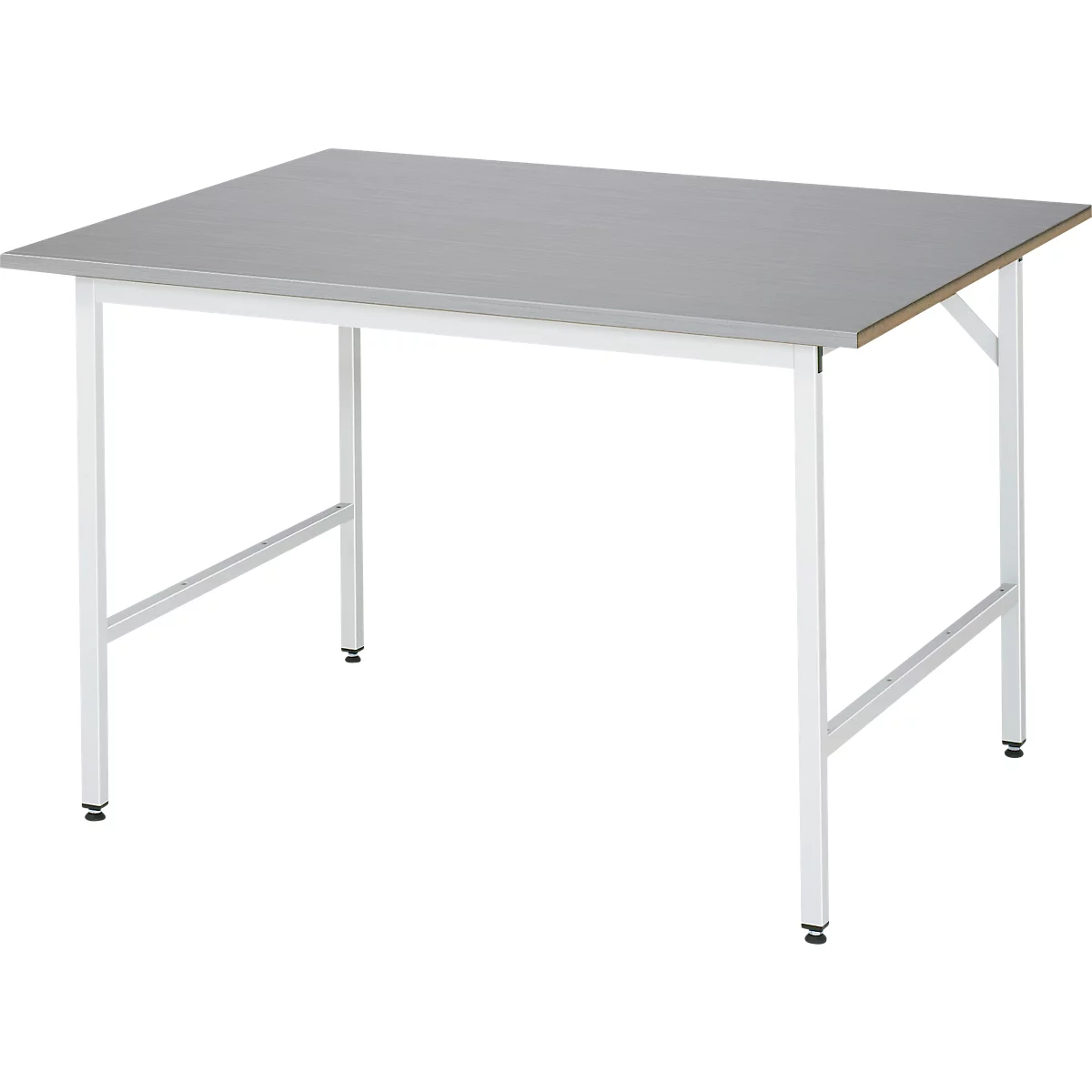 Rau werktafel Jerry, handmatig in hoogte verstelbaar, 25 mm MDF blad met roestvrij stalen bekleding, tot 300 kg, B 1250 x D 1000 x H 800-850 mm, zilver/lichtgrijs