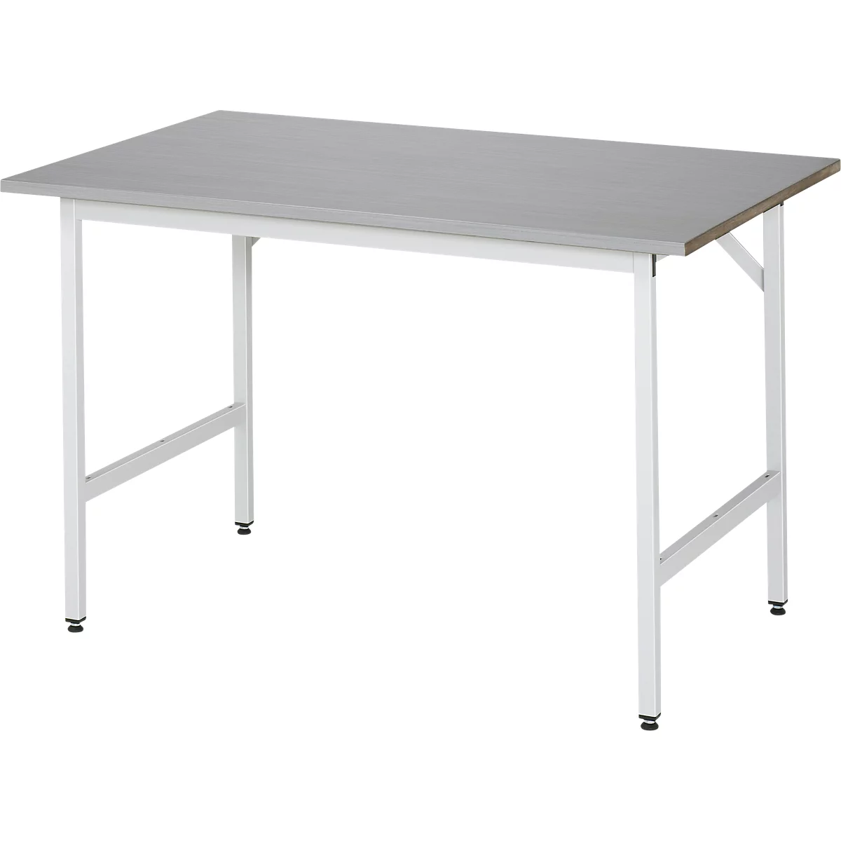 Rau werktafel Jerry, handmatig in hoogte verstelbaar, 25 mm MDF blad met roestvrij stalen bekleding, tot 300 kg, B 1250 x D 800 x H 800-850 mm, zilver/lichtgrijs