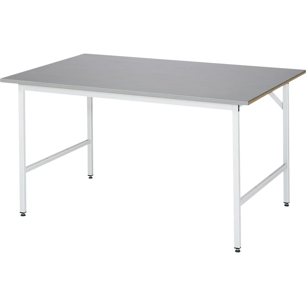 Rau werktafel Jerry, handmatig in hoogte verstelbaar, 25 mm MDF blad met roestvrij stalen bekleding, tot 300 kg, B 1500 x D 1000 x H 800-850 mm, zilver/lichtgrijs