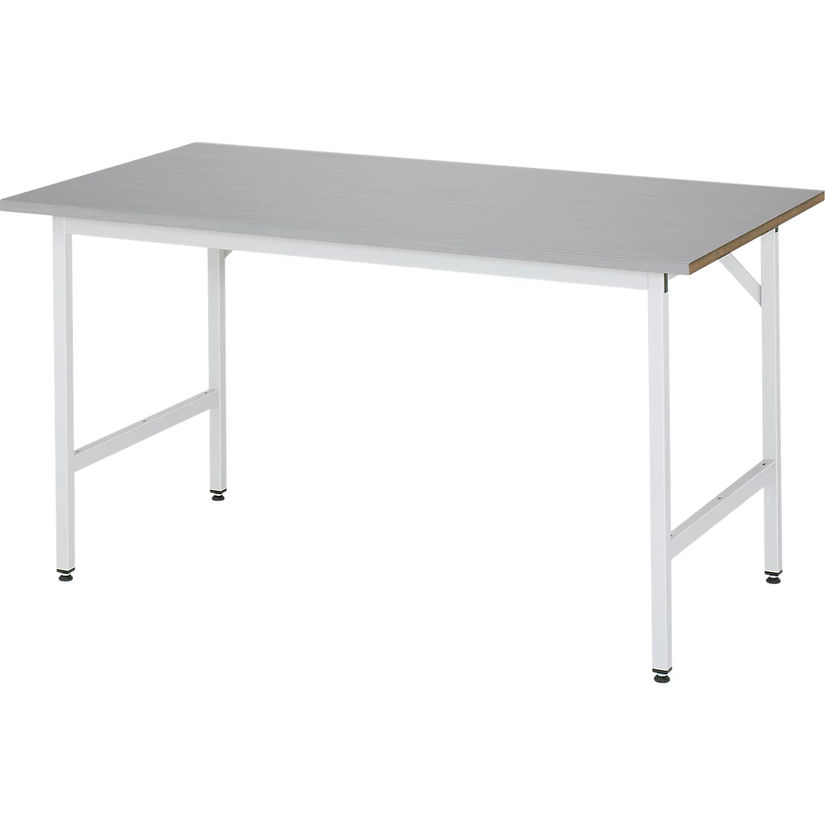 Rau werktafel Jerry, handmatig in hoogte verstelbaar, 25 mm MDF blad met roestvrij stalen bekleding, tot 300 kg, B 1500 x D 800 x H 800-850 mm, zilver/lichtgrijs