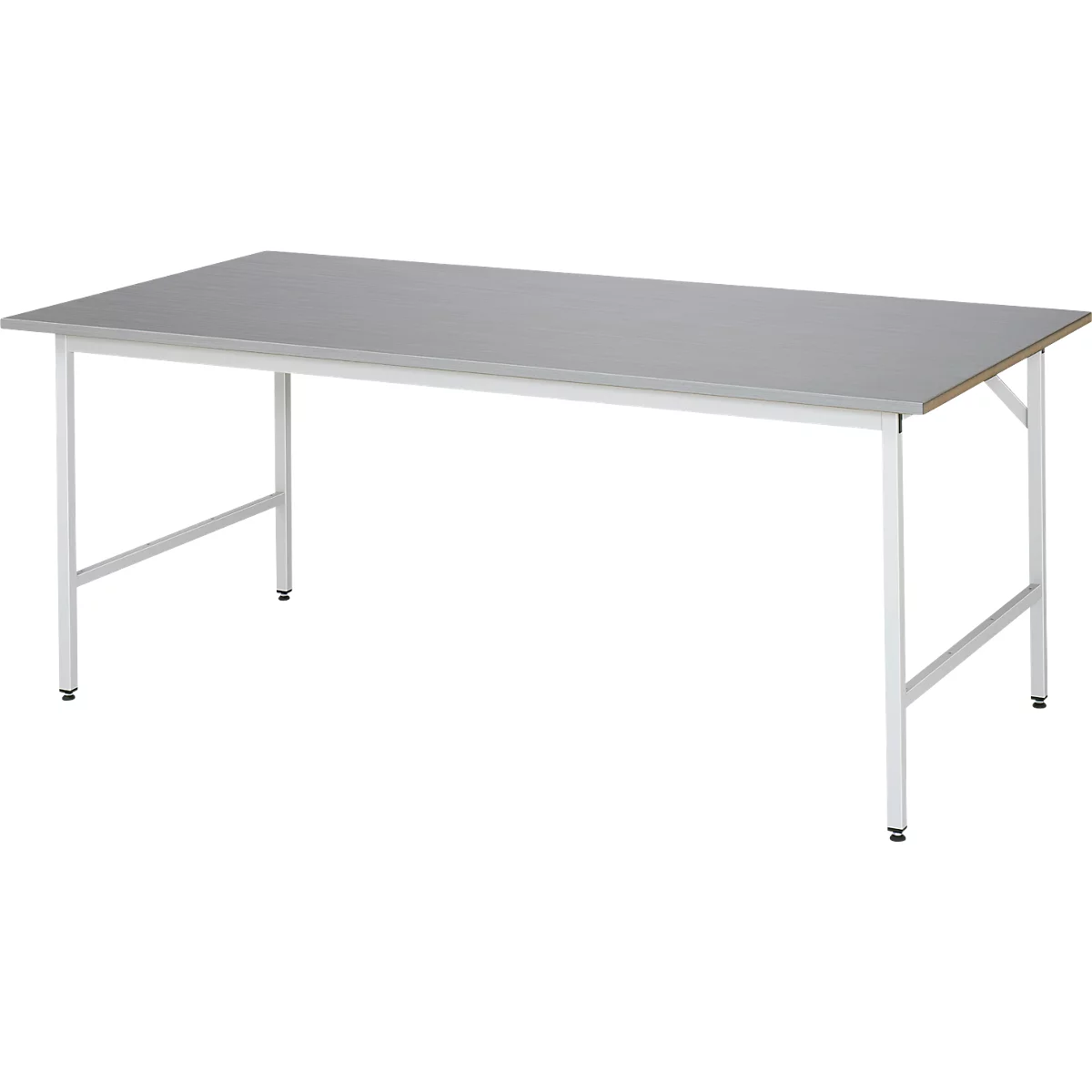 Rau werktafel Jerry, handmatig in hoogte verstelbaar, 25 mm MDF blad met roestvrij stalen bekleding, tot 300 kg, B 2000 x D 1000 x H 800-850 mm, zilver/lichtgrijs