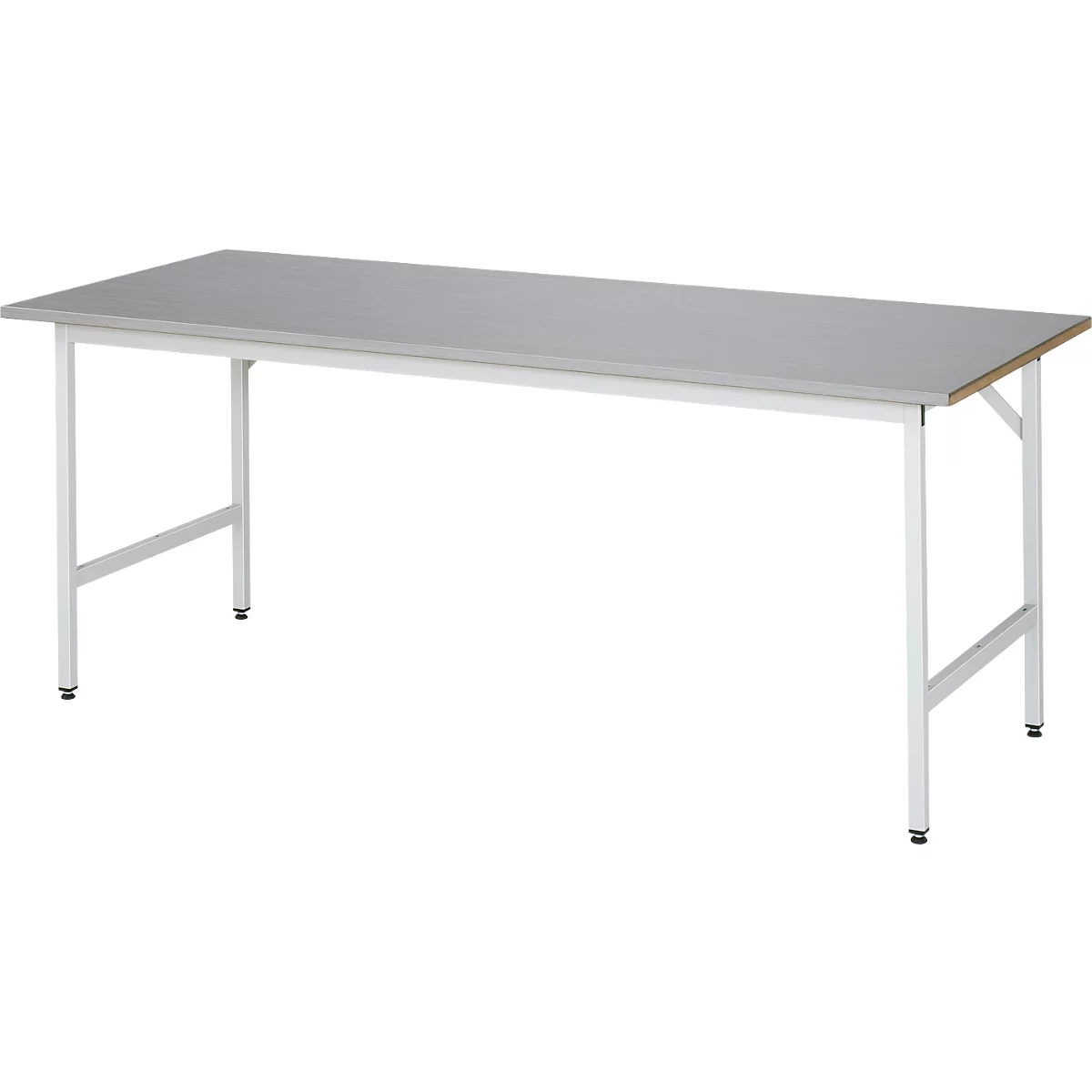 Rau werktafel Jerry, handmatig in hoogte verstelbaar, 25 mm MDF blad met roestvrij stalen bekleding, tot 300 kg, B 2000 x D 800 x H 800-850 mm, zilver/lichtgrijs