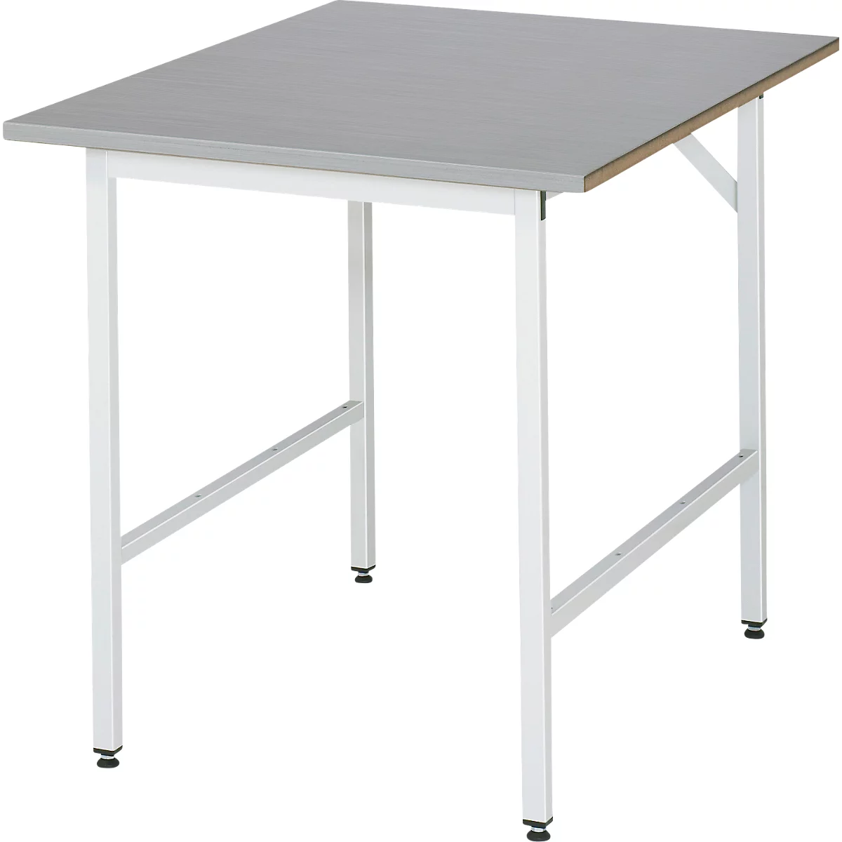 Rau werktafel Jerry, handmatig in hoogte verstelbaar, 25 mm MDF blad met roestvrij stalen bekleding, tot 300 kg, B 750 x D 1000 x H 800-850 mm, zilver/lichtgrijs