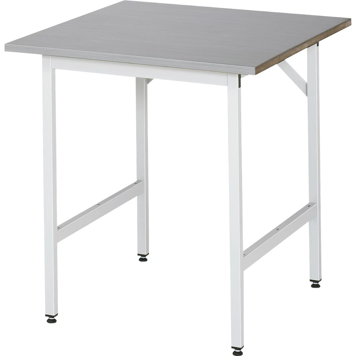 Rau werktafel Jerry, handmatig in hoogte verstelbaar, 25 mm MDF blad met roestvrij stalen bekleding, tot 300 kg, B 750 x D 800 x H 800-850 mm, zilver/lichtgrijs