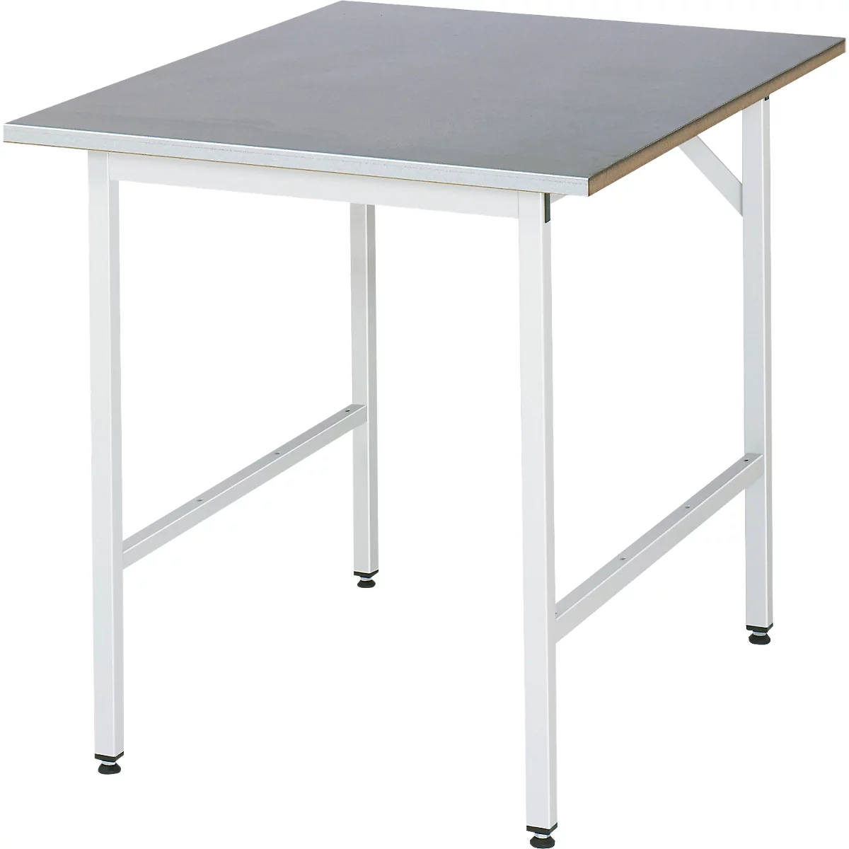 Rau werktafel Jerry, handmatig in hoogte verstelbaar, 25 mm MDF-plaat met plaatstalen bekleding, tot 300 kg, B 1000 x D 1000 x H 800-850 mm, zilver/lichtgrijs
