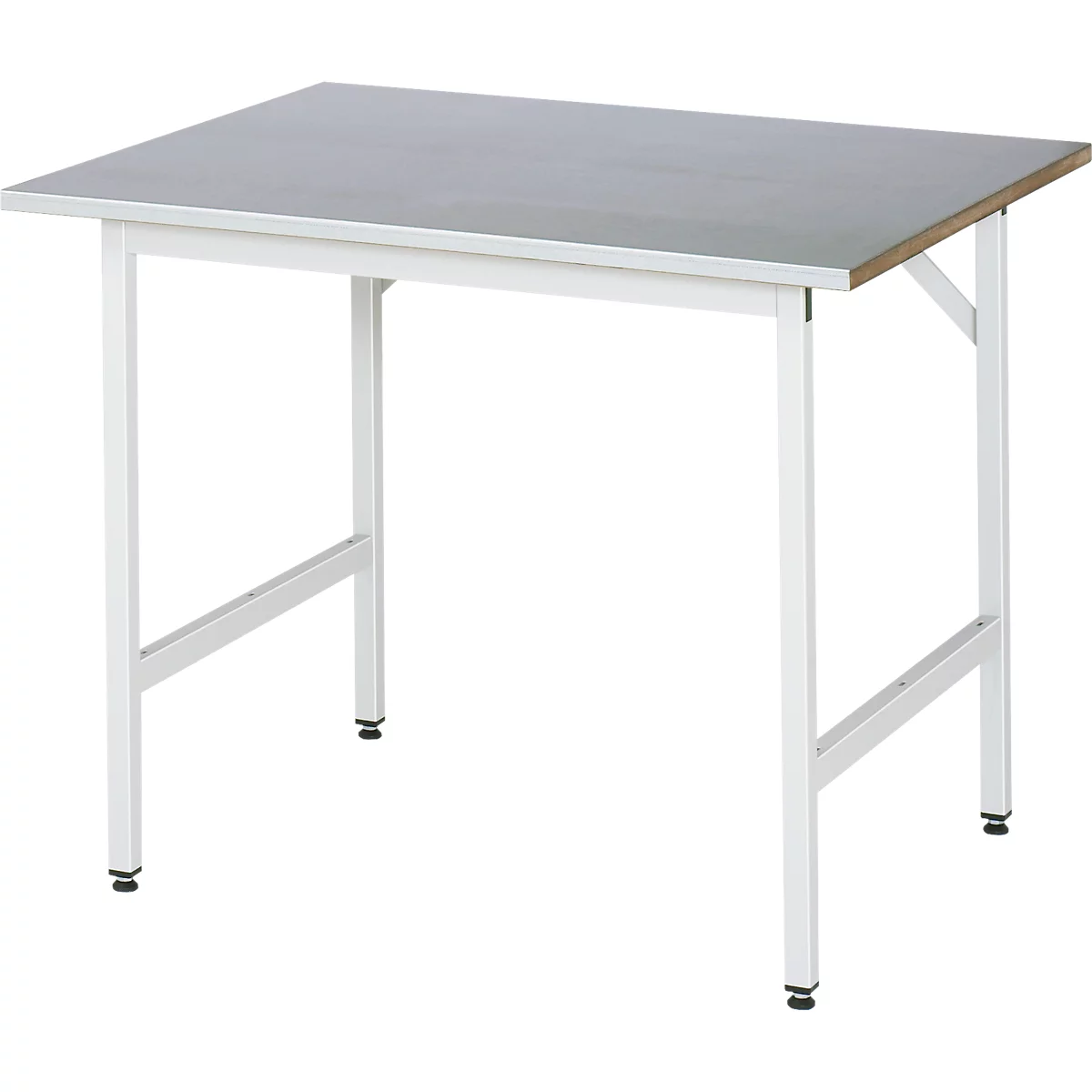 Rau werktafel Jerry, handmatig in hoogte verstelbaar, 25 mm MDF-plaat met plaatstalen bekleding, tot 300 kg, B 1000 x D 1000 x H 800-850 mm, zilver/lichtgrijs