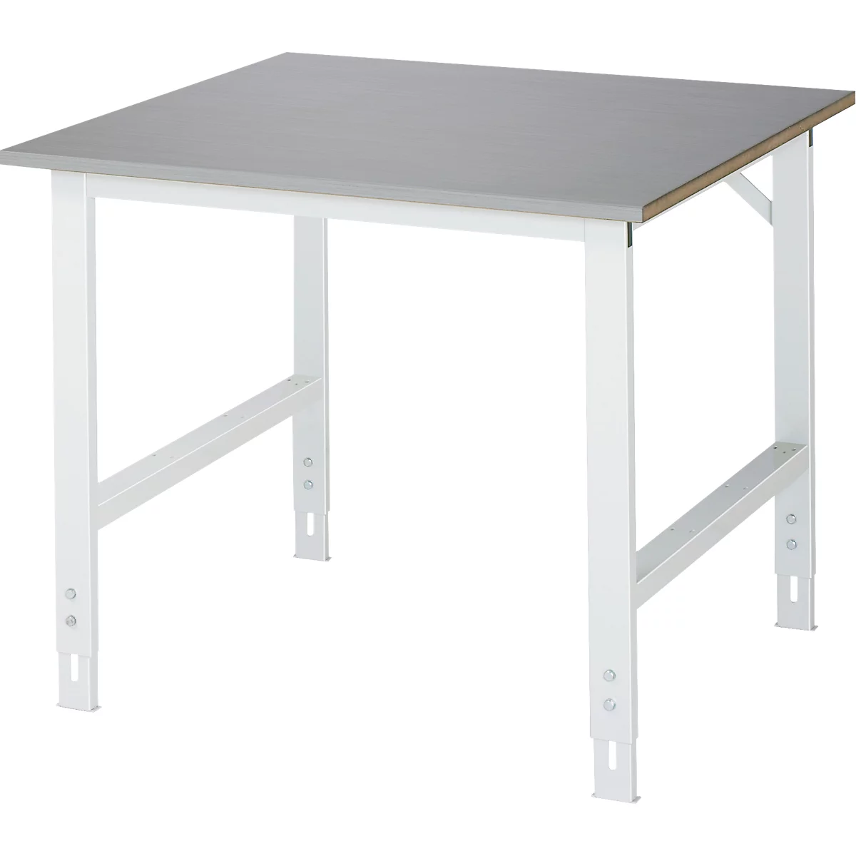 Rau werktafel Tom, handmatig in hoogte verstelbaar, 25 mm MDF blad met roestvrij stalen bekleding, tot 500 kg, B 1000 x D 1000 x H 760-1080 mm, zilver/lichtgrijs