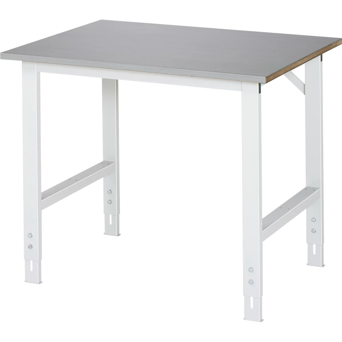 Rau werktafel Tom, handmatig in hoogte verstelbaar, 25 mm MDF blad met roestvrij stalen bekleding, tot 500 kg, B 1000 x D 800 x H 760-1080 mm, zilver/lichtgrijs