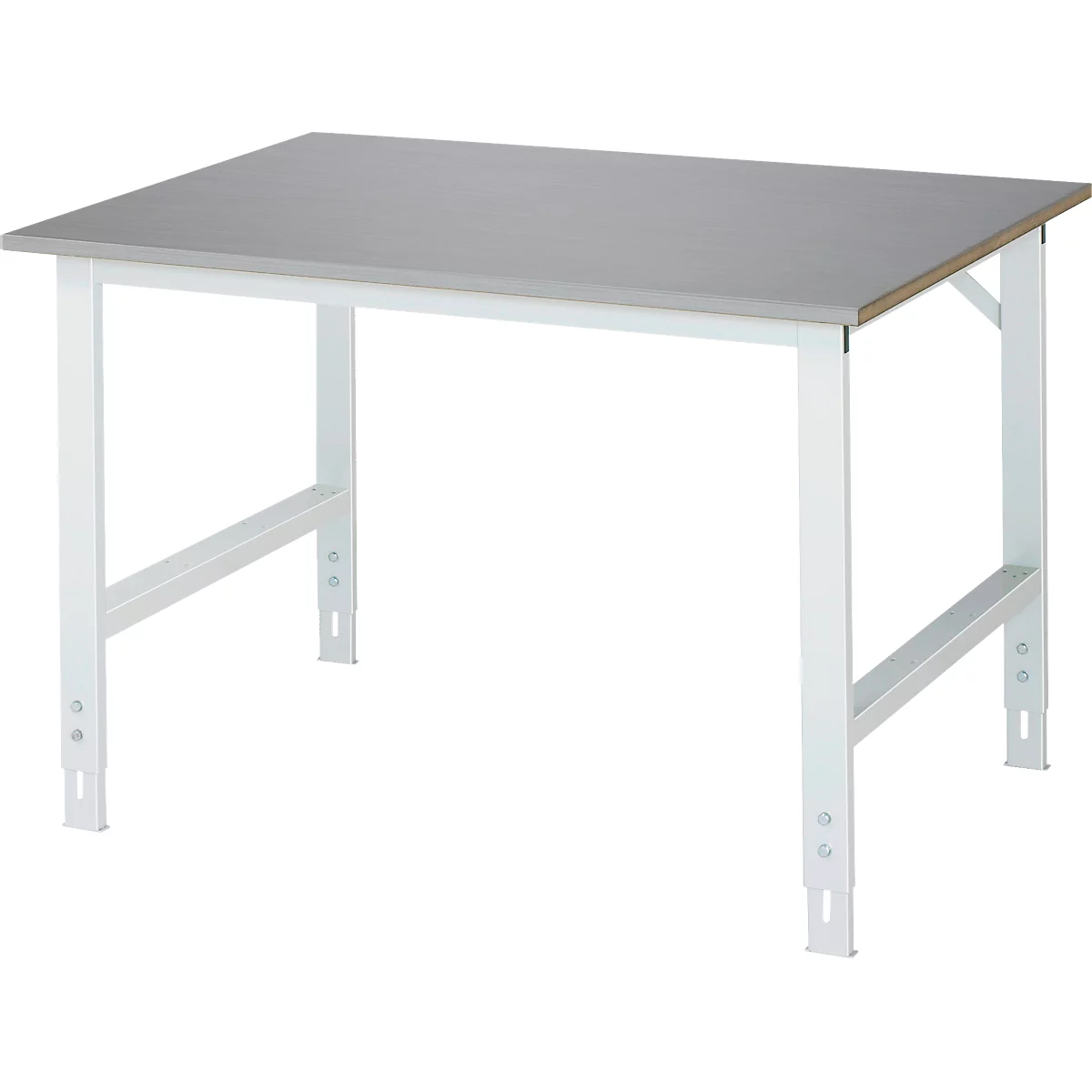 Rau werktafel Tom, handmatig in hoogte verstelbaar, 25 mm MDF blad met roestvrij stalen bekleding, tot 500 kg, B 1250 x D 1000 x H 760-1080 mm, zilver/lichtgrijs