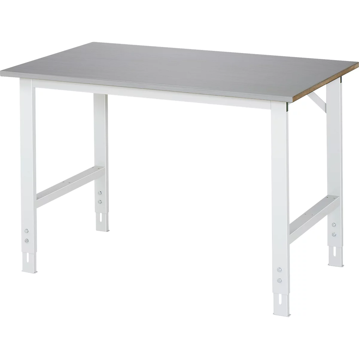 Rau werktafel Tom, handmatig in hoogte verstelbaar, 25 mm MDF blad met roestvrij stalen bekleding, tot 500 kg, B 1250 x D 800 x H 760-1080 mm, zilver/lichtgrijs